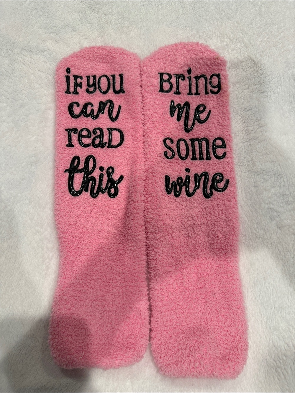 Pink Fuzzy Slipper Socks with Novelty Text